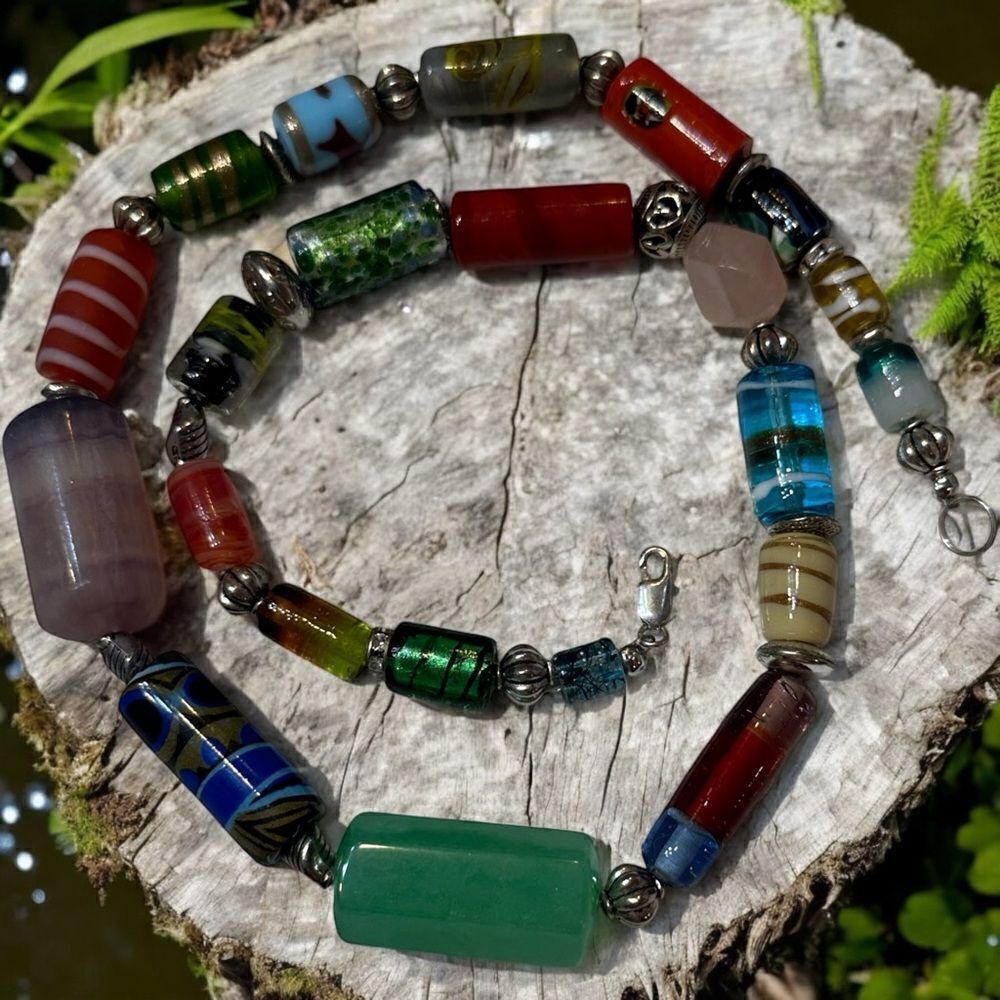 One of a Kind Handcrafted Murano Artisan VTG Glass Cylinder Beads Necklace 20”